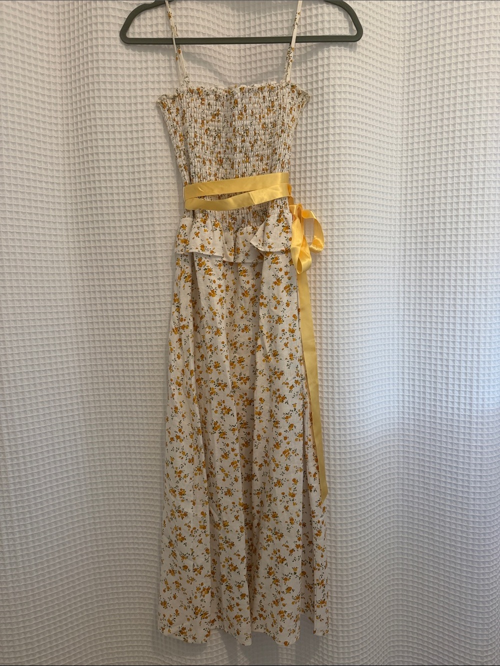 Reformation- linen with yellow floral details Maxi Dress with silk Waist Tie